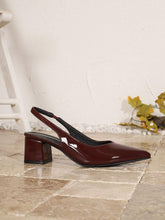 Women's Patent Leather Wine Red Chunky Heel Pumps, Elegant High Heel Shoes With Elastic Band